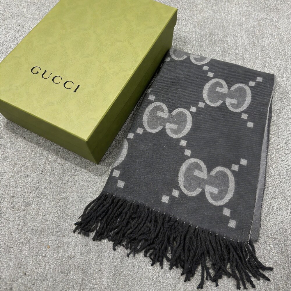 Gucci Charcoal Pale Gray Jumbo GG Fringe Scarf